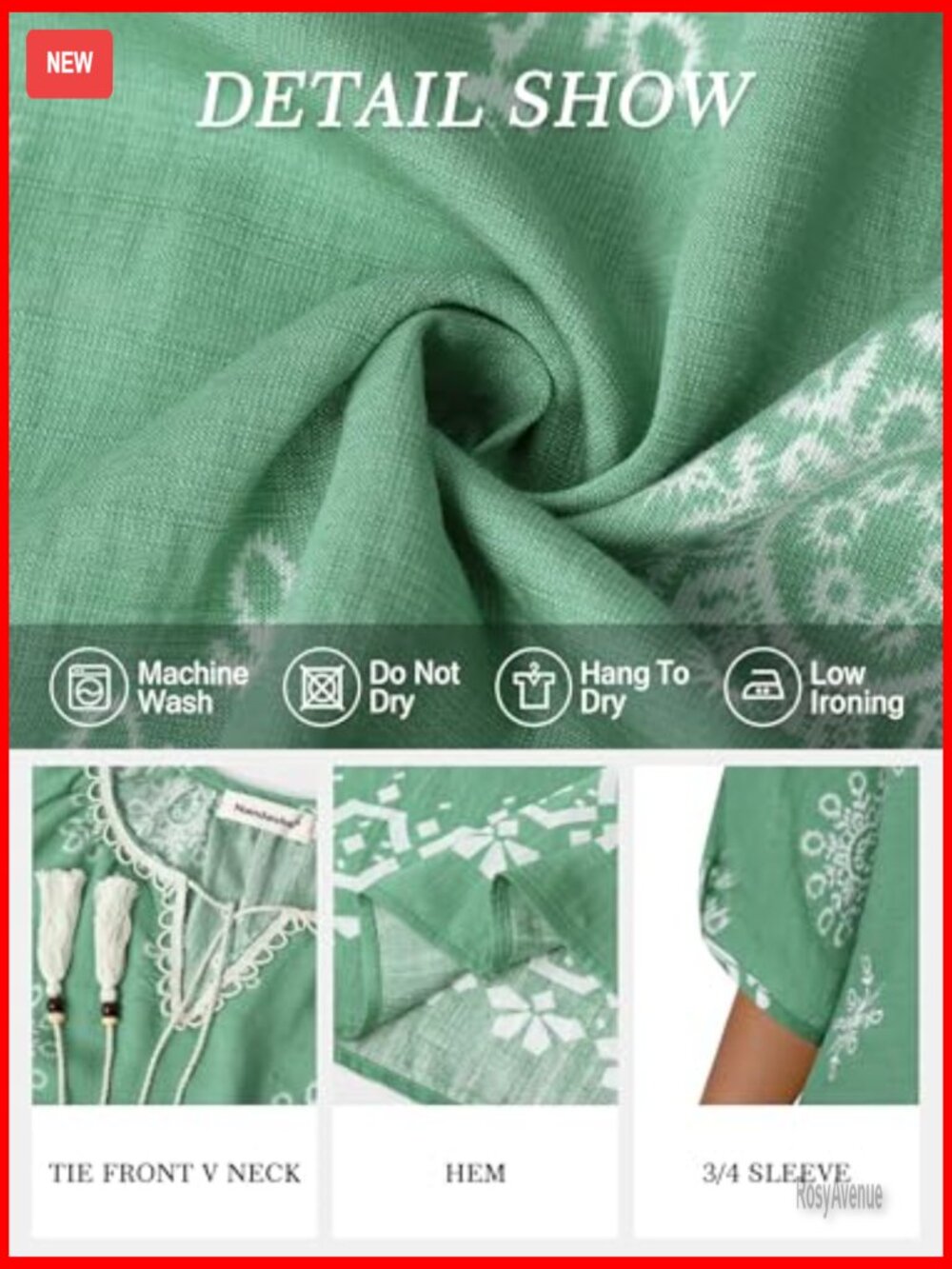 Boho 3/4 Sleeve V-Neck Tie Front Peasant Blouse Loose Fit Flowy Summer Top - Picture 5 of 7